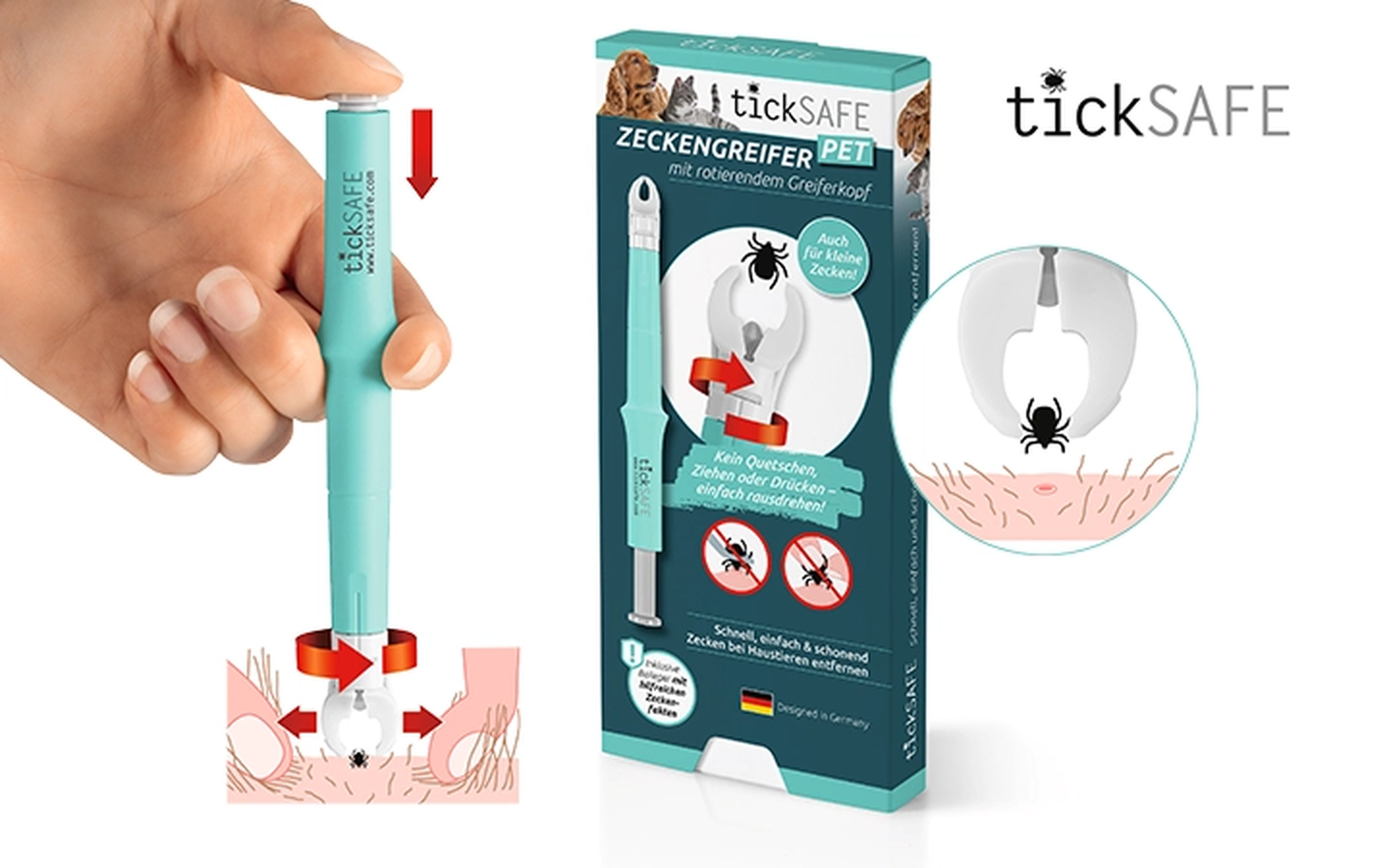 Eine Hand benutzt ein Zeckenentfernungsinstrument auf der Haut; die Verpackung und eine vergrößerte Ansicht des Instruments, das eine Zecke hält, sind zu sehen.