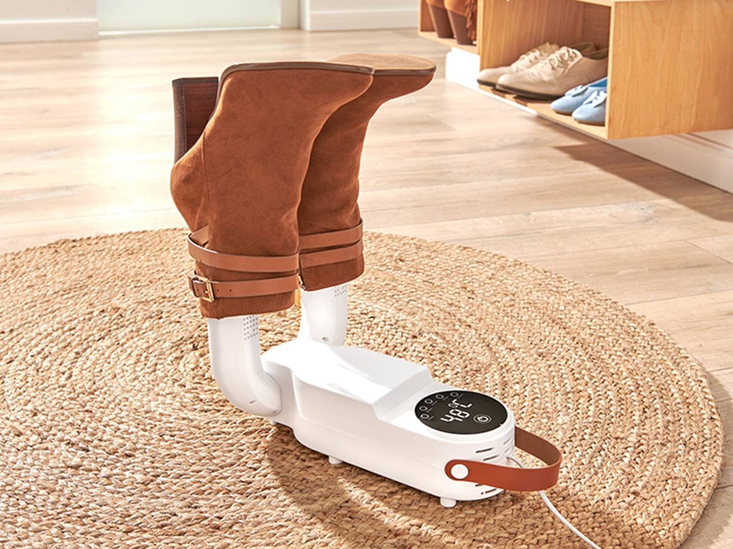 Ein elektrischer Schuhtrockner, steht auf einem runden Teppich und trocknet gerade ein Paar braune Stiefel