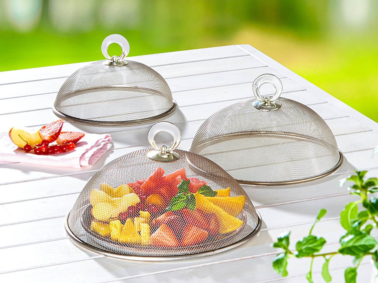 Netzabdeckungen für Speisen stehen auf einem weißen Tisch und umschließen aufgeschnittenes Obst. In unmittelbarer Nähe befindet sich ein kleiner Teller mit Apfelscheiben und roten Johannisbeeren, im Hintergrund ist Grünzeug zu sehen.