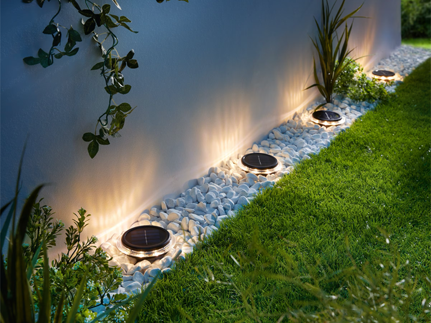 In weiße Kieselsteine ​​eingelassene Solarleuchten beleuchten einen Gartenweg, der von grünem Gras und Pflanzen gesäumt ist und sich vor einer weißen Mauer abhebt.