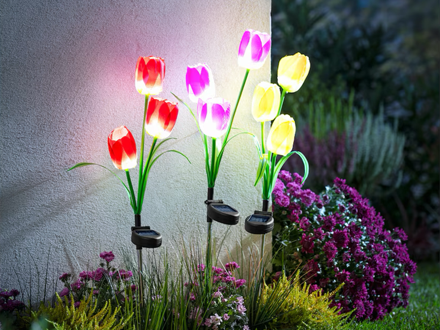 Bunte LED-Tulpen-Gartenlichter in Rot, Lila und Gelb beleuchten einen Garten mit verschiedenen Blumen und Grünpflanzen in der Abenddämmerung.
