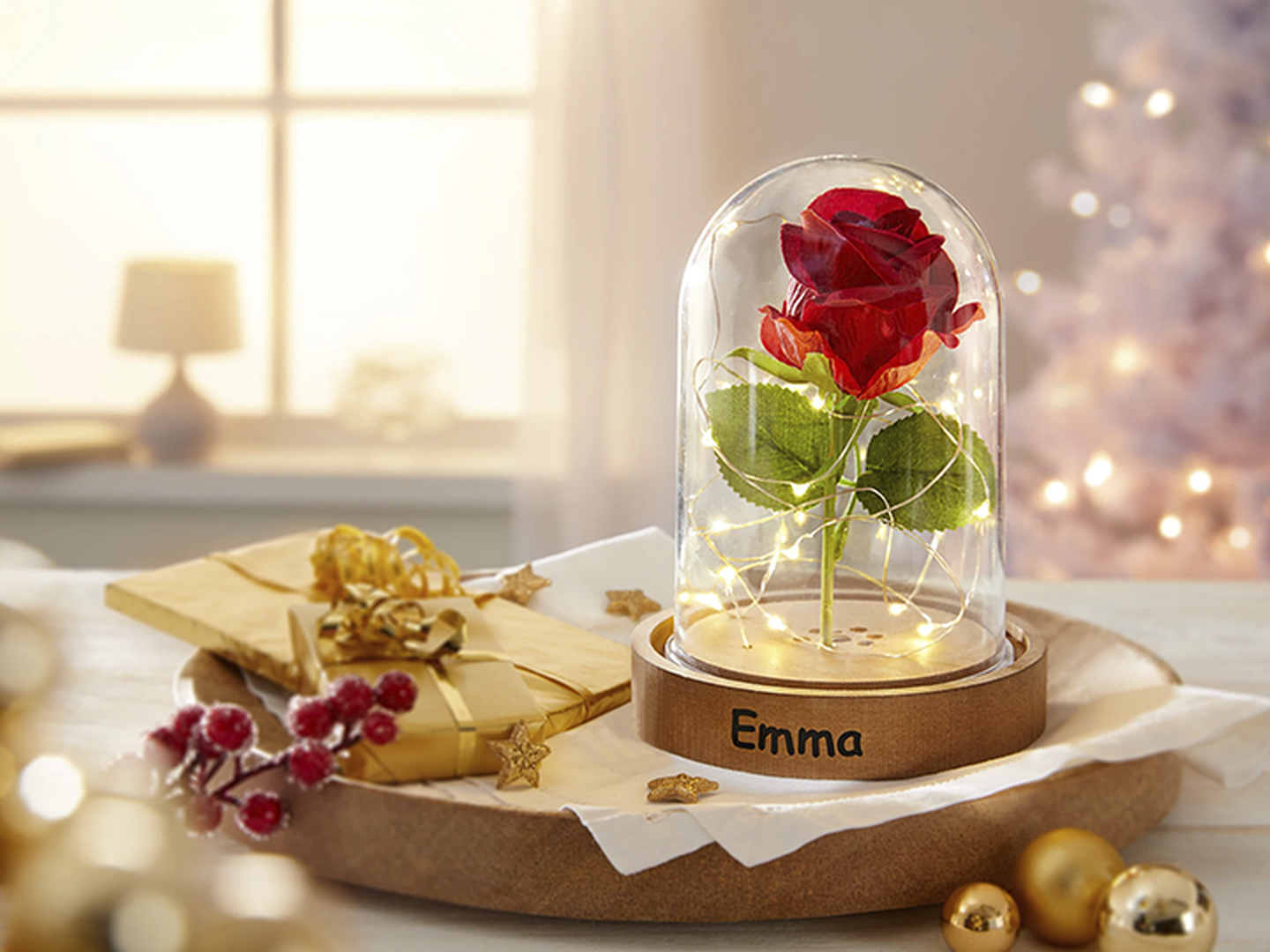 Eine rote Rose, umhüllt von einer Glaskuppel mit Lichterketten, auf einem Holzsockel mit der Aufschrift „Emma“, umgeben von festlichen Dekorationen.