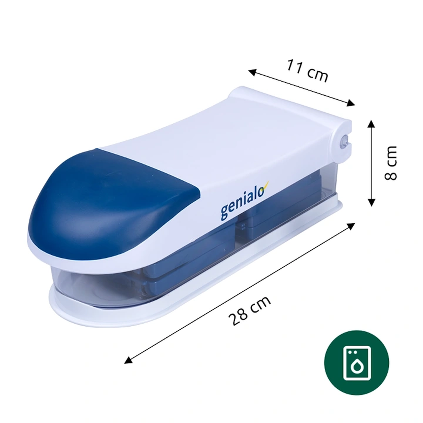 Gemüseschneider mit blau-weißem Design, beschriftet mit „genialo“, sowie den Abmessungen 28 cm Länge, 11 cm Breite und 8 cm Höhe.
