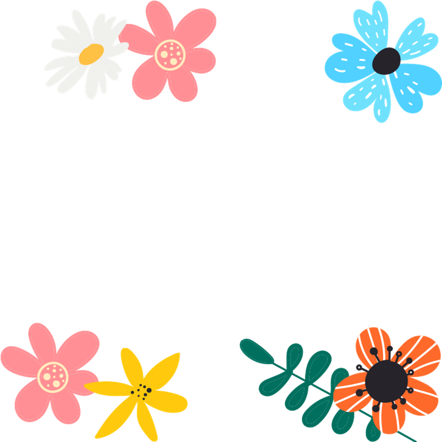 Bunte Blumen und Blätter sind zu einem dekorativen Rand angeordnet; die Blüten sind rosa, gelb und blau, das Laub grün auf weißem Grund.