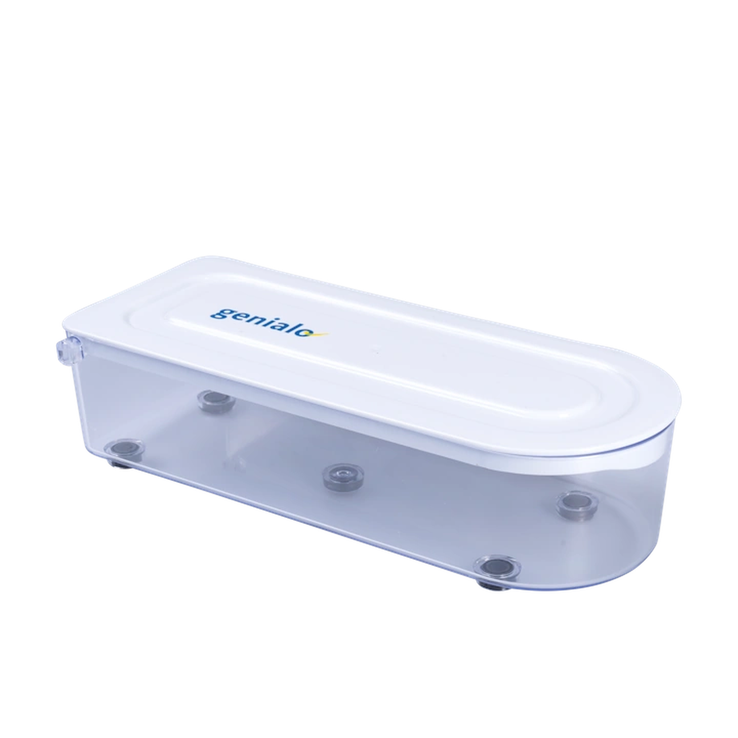 Durchsichtiger Kunststoff-Aufbewahrungsbehälter mit weißem Deckel, auf dem das Wort „genialo“ steht, und vier Saugnäpfen an der Unterseite für mehr Stabilität.