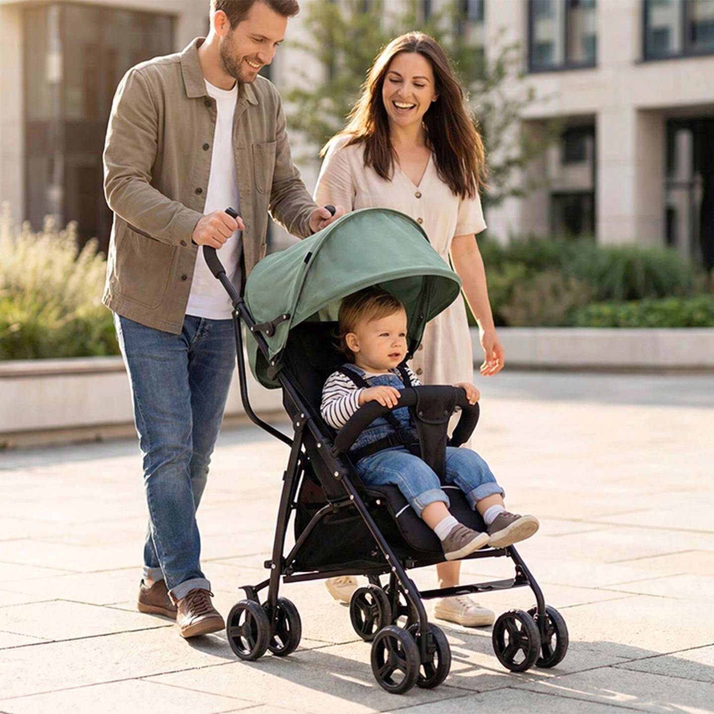 Ein lächelndes Paar spaziert an einem sonnigen Tag mit seinem Kind in einem grünen Kinderwagen mit Verdeck im Freien.