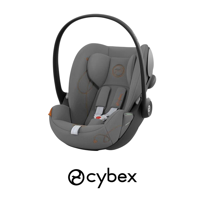 Grauer Cybex-Babysitz mit schwarzem Griff, Sicherheitsgurt und ergonomischem Design vor weißem Hintergrund.
