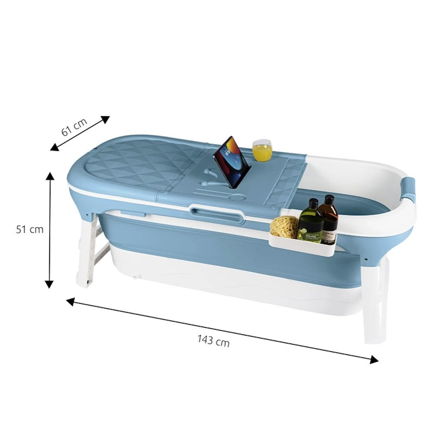 Blau-weiße Klappbadewanne mit einem Tablett für Tablet, Getränke und Badeutensilien. Maße: 143 cm lang, 61 cm breit, 51 cm hoch.