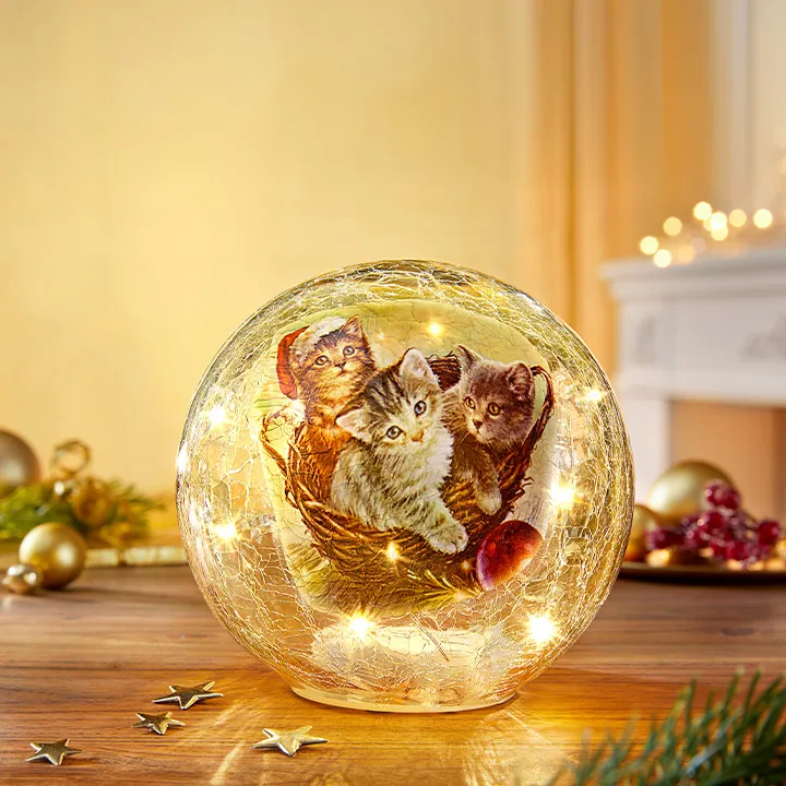 Eine dekorative Glaskugel mit Kätzchen im Inneren, die warm mit Lichtern leuchtet. Weihnachtsdekor und Ornamente sind im Hintergrund verschwommen.