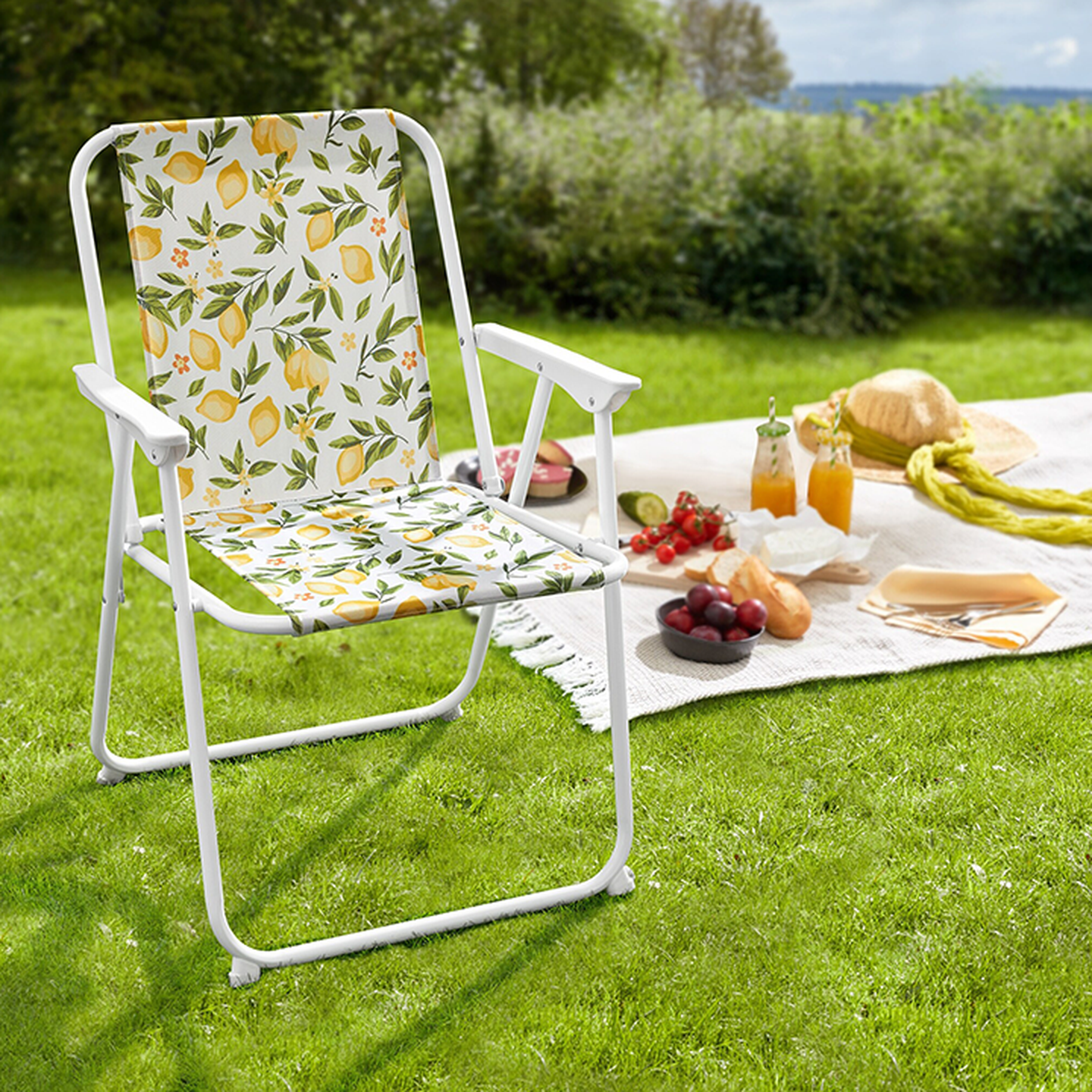 Ein Stuhl mit Zitronenmuster auf dem Rasen, neben einer Picknickdecke mit Hüten, Obst und orangen Getränken, unter sonnigem Himmel.