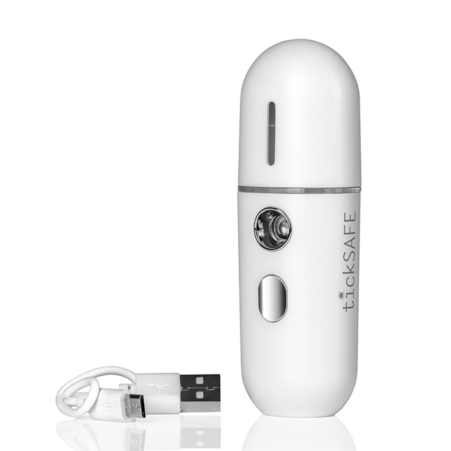 Weißes, kapselartiges Gerät mit Tasten und einem Bildschirm, beschriftet mit „tickSAFE“, neben einem USB-Ladekabel.