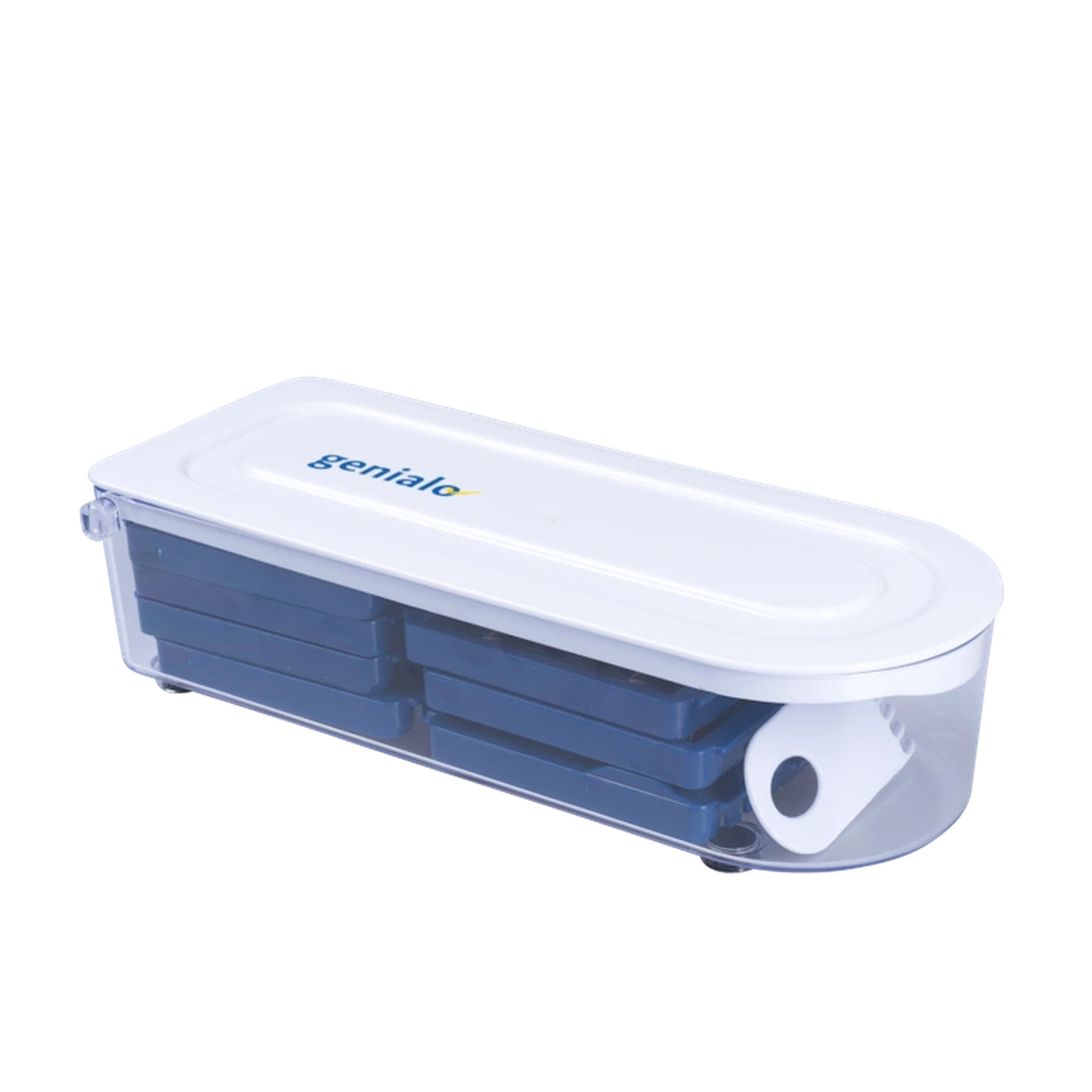 Transparenter, kapselförmiger Behälter mit weißem Deckel und blauen Fächern, beschriftet mit „genialo“.