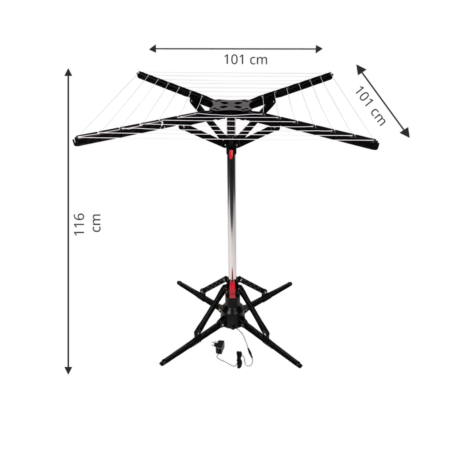 Schwarz-silberner Wäschetrockner mit Dreifuß und Netzteil, 116 cm hoch, 101 cm breit und 101 cm tief.