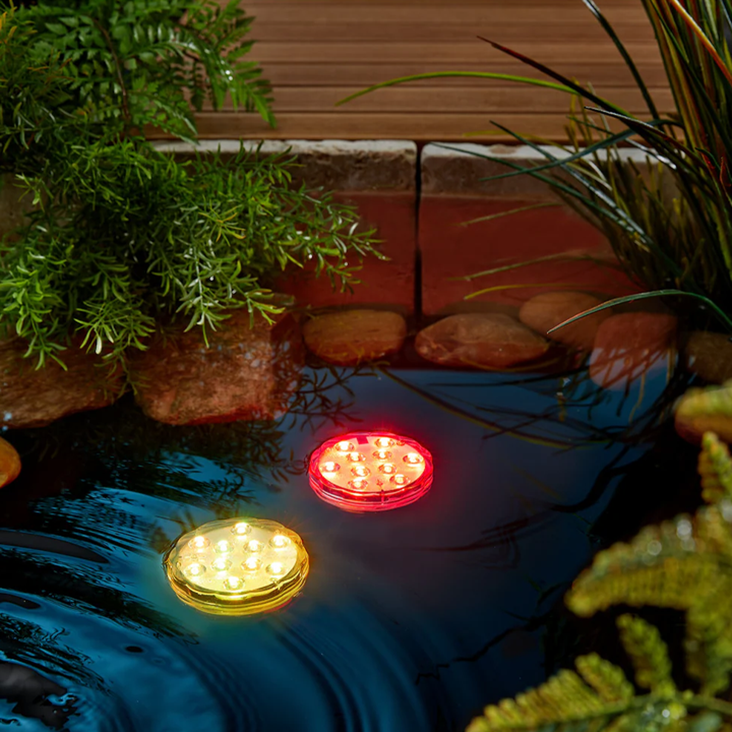 Zwei schwimmende LED-Leuchten, eine rote und eine gelbe, beleuchten einen kleinen Gartenteich, der von üppigem Grün und Steinen umgeben ist.