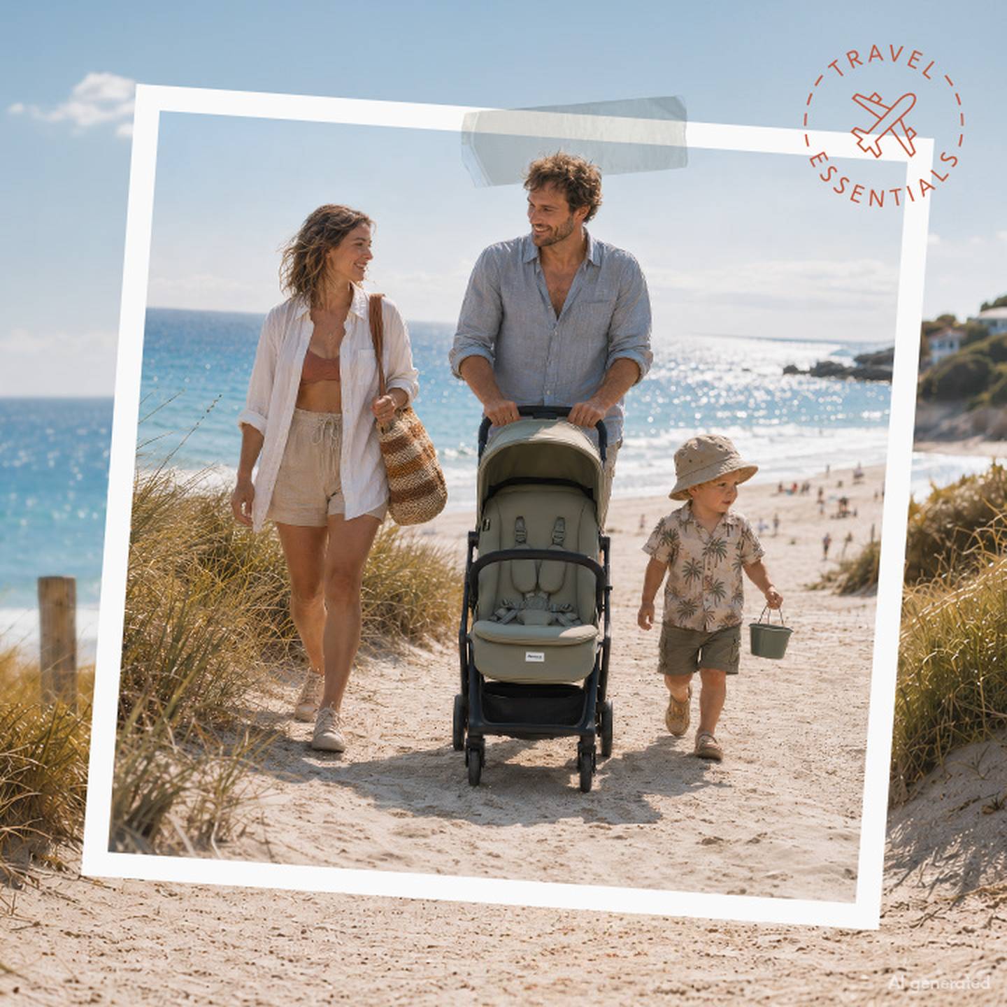 Eine Familie spaziert einen sandigen Strandweg entlang; die Eltern schieben einen Kinderwagen, während ein kleines Kind einen Sandeimer trägt. Im Hintergrund sind das blaue Meer und grasbewachsene Dünen zu sehen.