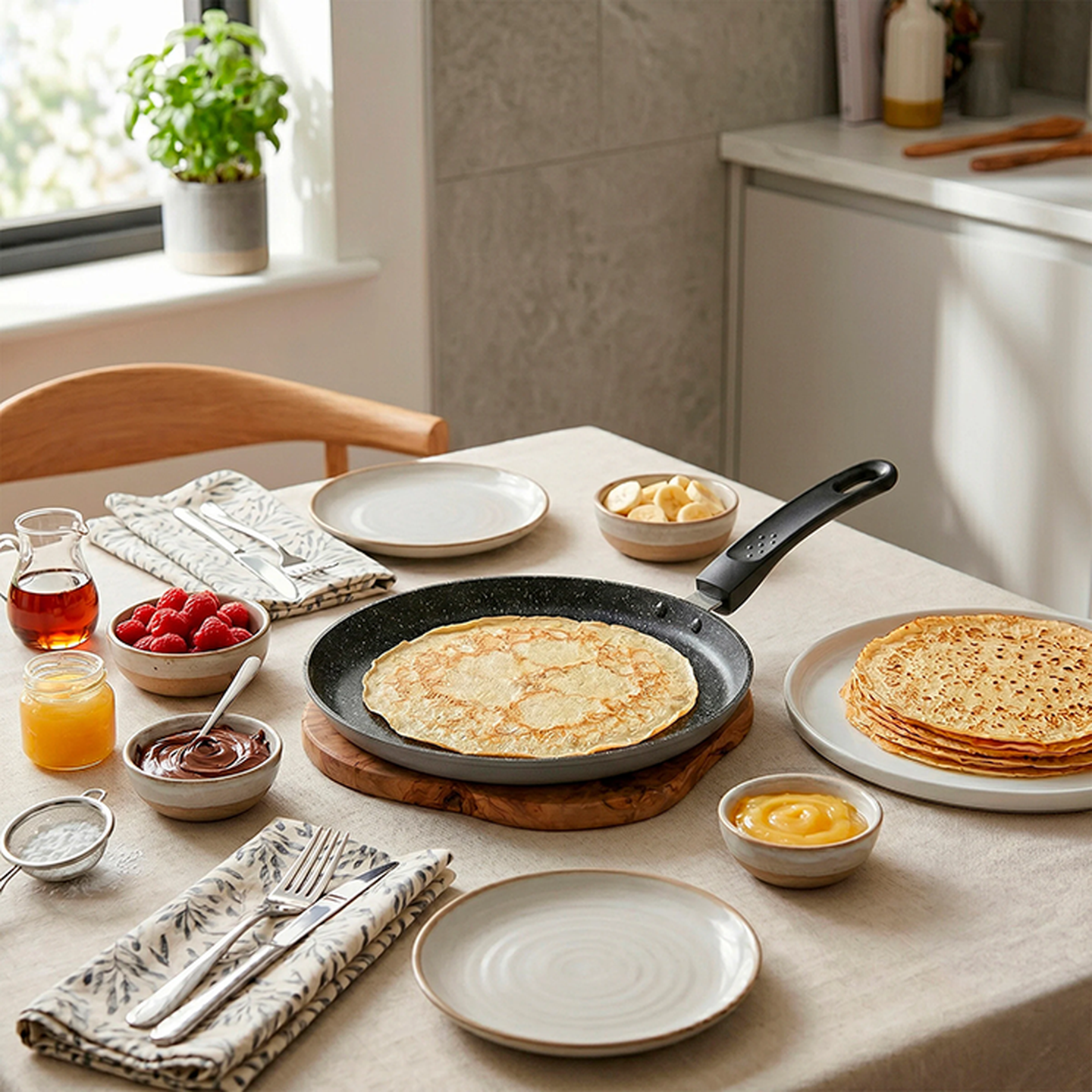 Ein für das Frühstück gedeckter Tisch mit einer Pfanne voller Crêpes, Tellern, Besteck sowie Schälchen mit Sirup, Himbeeren, Bananen, Schokoladensauce und Lemon Curd.