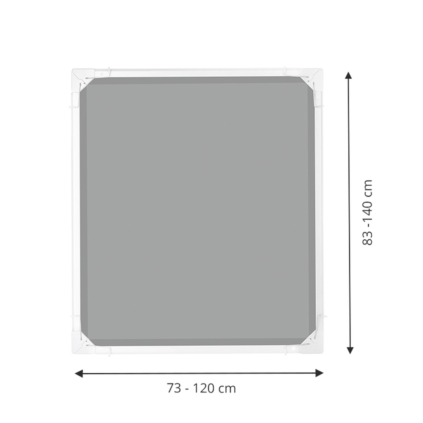 Rechteckiges weißes Insektenschutzgitter mit anpassbaren Maßen, 73–120 cm breit und 83–140 cm lang, dargestellt mit Pfeilen.