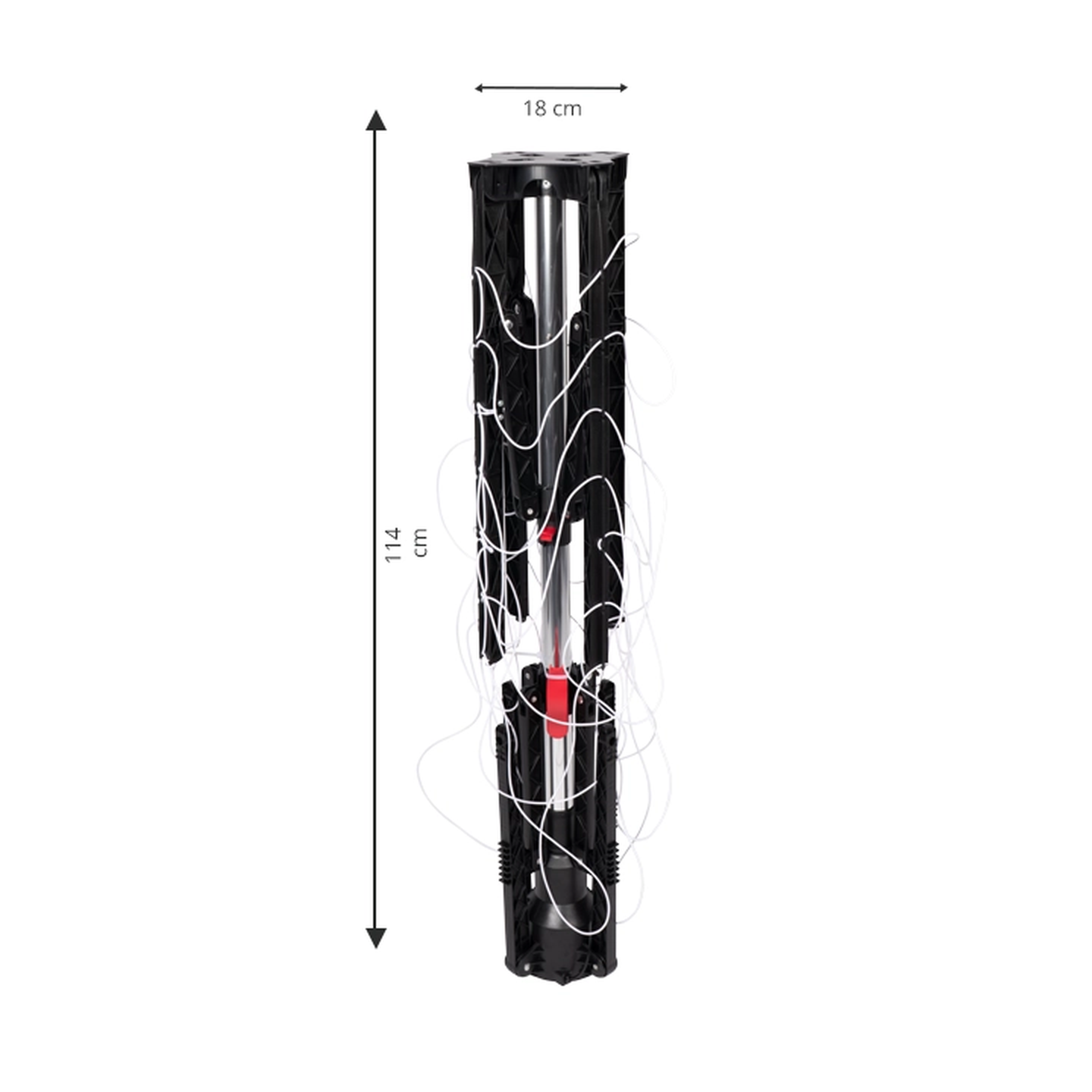 Eingeklappter Schwarz-silberner Wäschetrockner mit Dreifuß und Netzteil, 114 cm hoch mit einem Durchmesser von 18 cm in eingeklappter Form.
