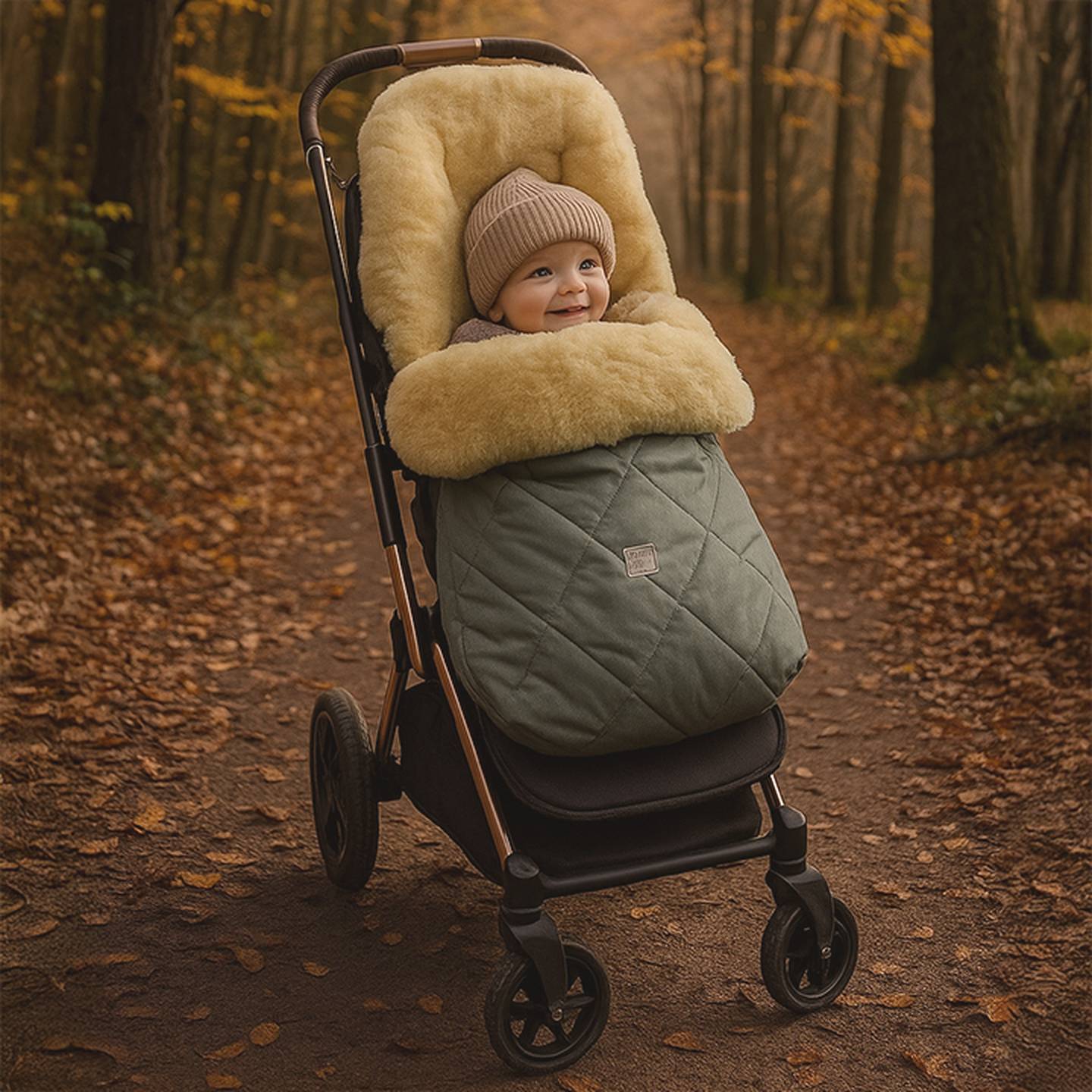 Ein lächelndes Baby in einem gemütlichen, pelzgefütterten Kinderwagen auf einem Waldweg mit Herbstlaub und Bäumen im Hintergrund.