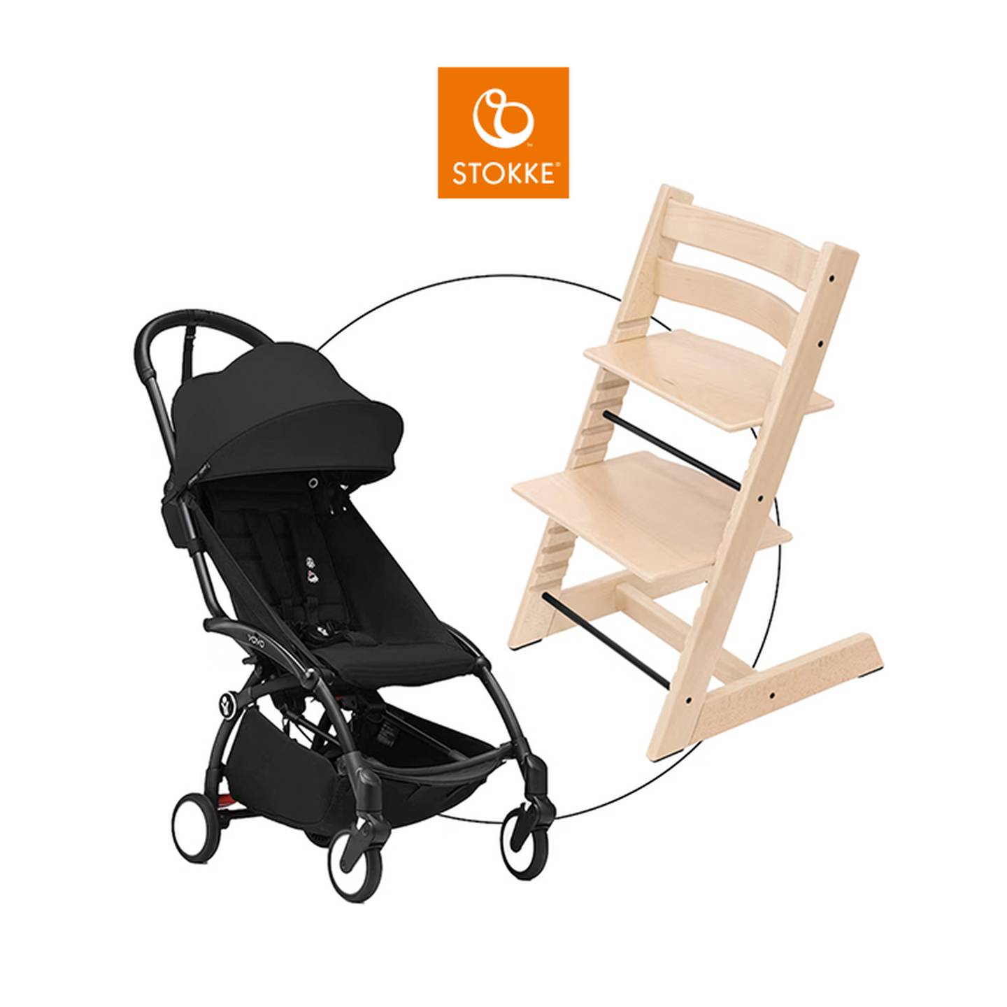 Schwarzer Kinderwagen und Hochstuhl aus Holz mit Stokke-Logo darüber, verbunden durch eine kreisförmige Linie auf weißem Hintergrund.