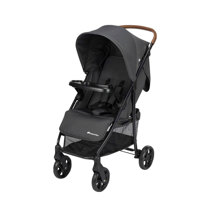 Schwarzer Kinderwagen mit Verdeck, Fünfpunktgurt, Tablett und vier Rädern. Mit Griff in Lederoptik und Stauraum unter dem Sitz.