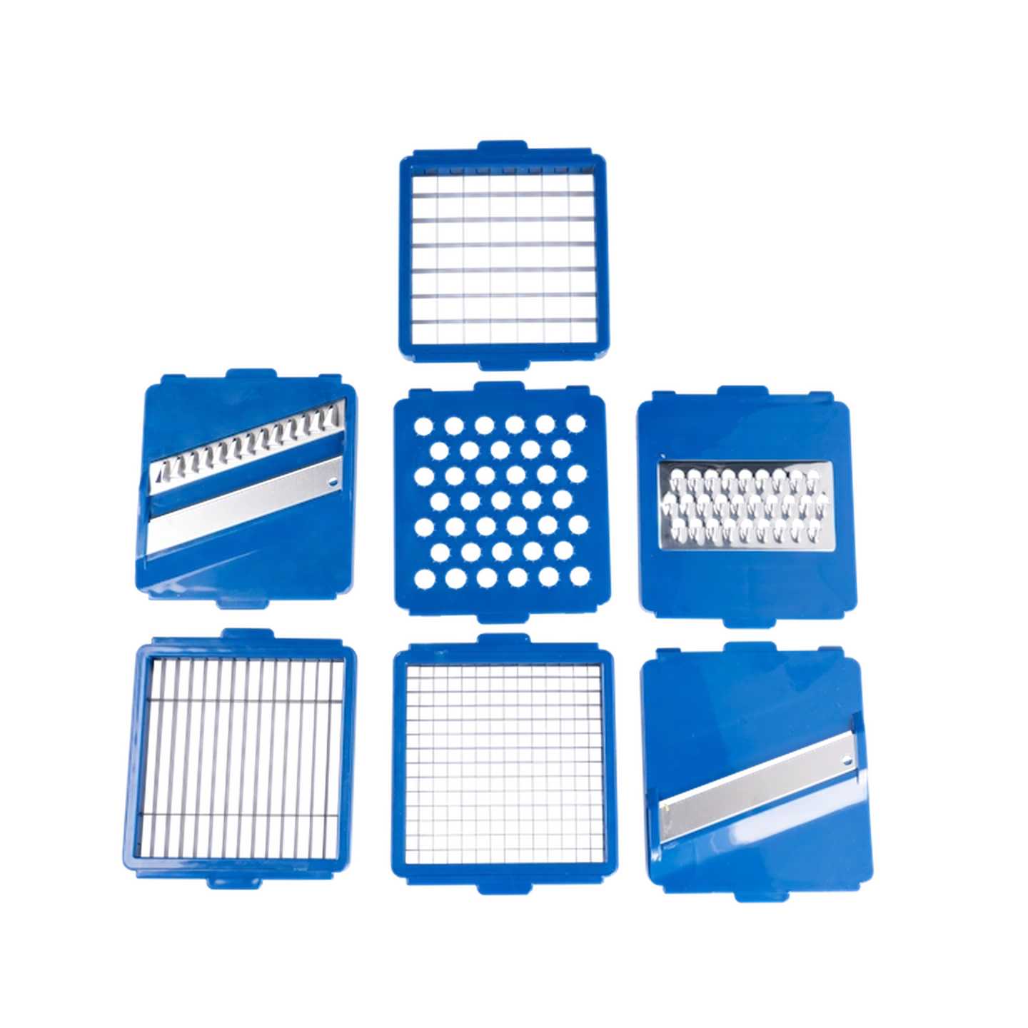 Sechs blaue Schneide- und Reibeplatten mit verschiedenen Gittermustern, die in zwei Reihen auf weißem Hintergrund angeordnet sind.