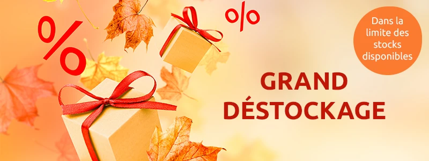 Geschenkboxen mit roten Schleifen, herbstliche Blätter und rote Prozentzeichen auf hellem Hintergrund; zusätzlich sind die Hinweise „Große Lagerräumung“ und „Nur solange der Vorrat reicht!“ dargestellt.