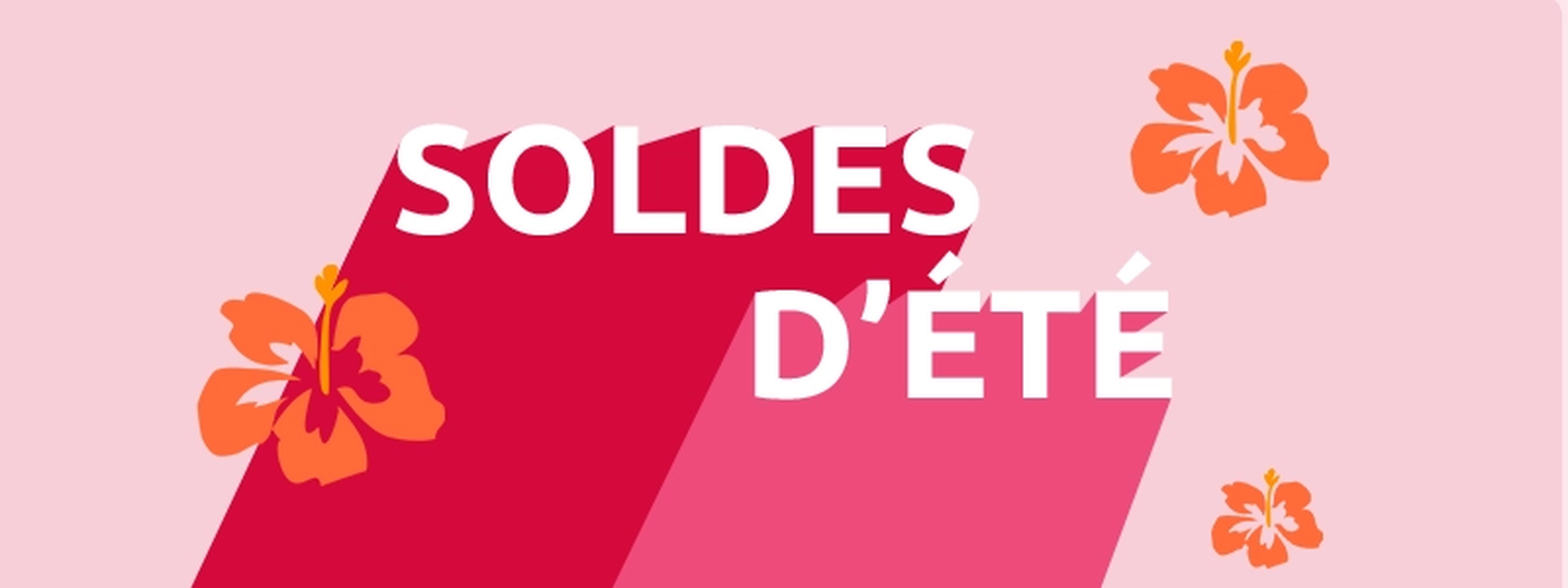 Banner für den Sommerschlussverkauf mit der Aufschrift „Sommerschlussverkauf“ und orangefarbenen Hibiskusblüten auf rosa Hintergrund.