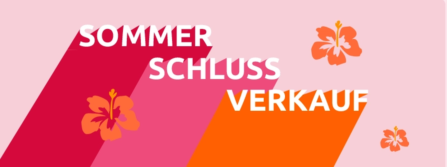 Banner für den Sommerschlussverkauf mit der Aufschrift „Sommerschlussverkauf“ und orangefarbenen Hibiskusblüten auf rosa Hintergrund.