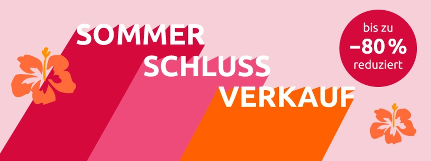 Sommer-Sonderverkaufs-Banner mit rosa und orangefarbenen diagonalen Streifen, Hibiskusblüten und einem Text auf Deutsch, der Rabatte von bis zu 80 % ankündigt.