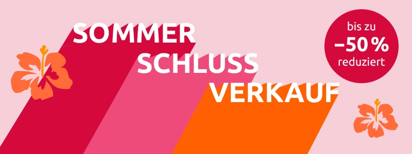 Sommer-Sonderverkaufs-Banner mit Hibiskusblüten, auffälligem Text in Pink und Orange sowie einem roten Kreis, der auf einen Rabatt von bis zu 50 % hinweist.