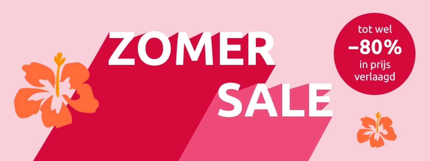 Tekst "Zomer Sale" met oranje bloemen op een roze achtergrond. Cirkel met de tekst "tot wel -80% in prijs verlaagd."