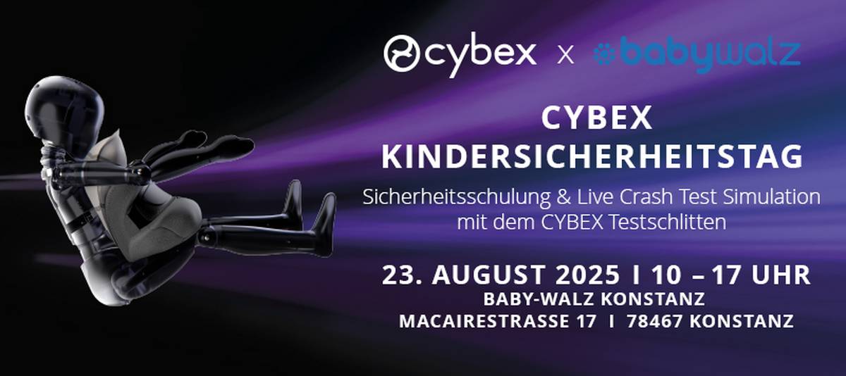 Werbebanner für den CYBEX Kindersicherheitstag am 23. August 2025 (10 - 17 Uhr) mit Sicherheitsschulung und Live Crash Test Simulation mit dem Cybex Testschlitten in Konstanz.