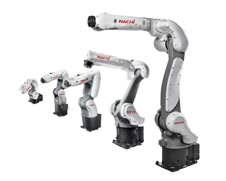 Five Nachi robot arms in different positions
