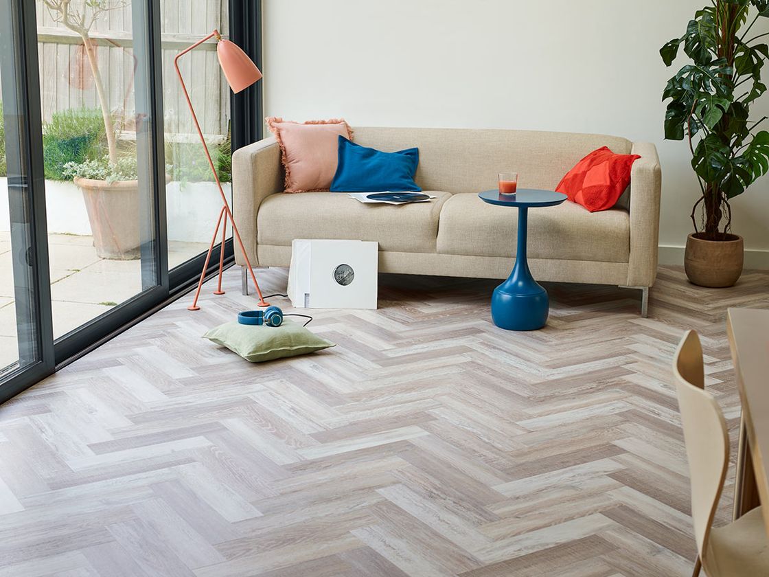 Modern lounge with Amtico Washed Salvaged Timber flooring