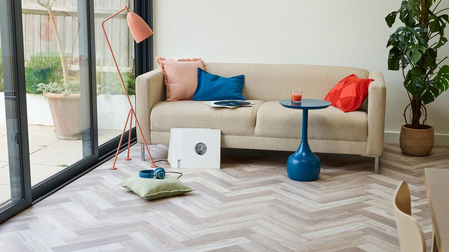 The living space features Washed Salvaged Timber, SS5W3322 - in a Large Parquet laying pattern.