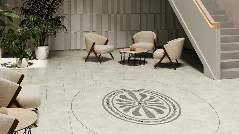 White marble-effect flooring with grey motif