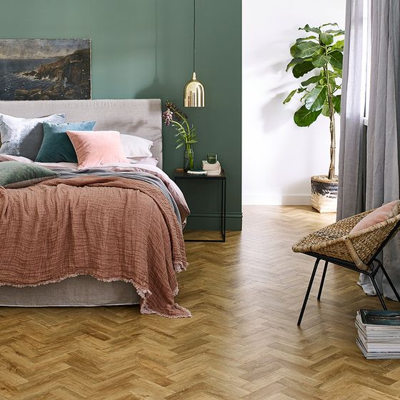 Rural Oak Small Parquet flooring in contemporary bedroom