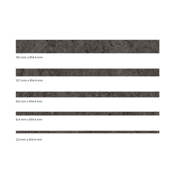 Graphic showing different stripping sizes, including 19.1 mm x 914.4mm; 12.7 mm x 914.4 mm; 9.5mm x 914.4mm; 6.4mm x 914.4mm; 3.2mm x 914.4mm