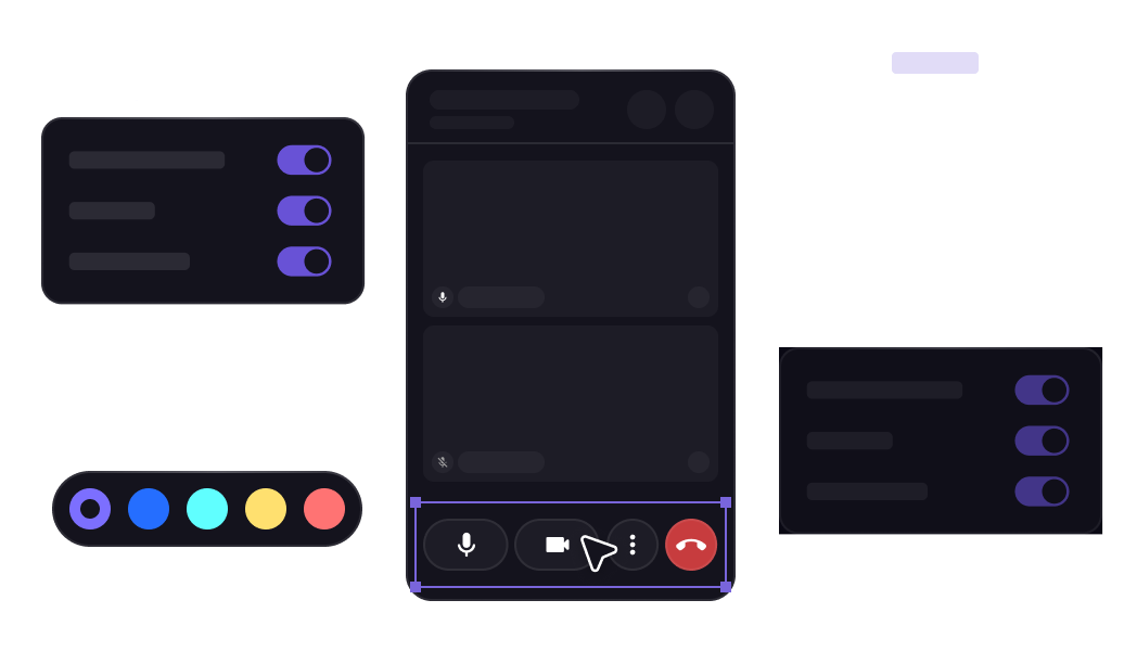 Dark-mode browser UI mockup with central chat/video panel, floating settings panels, color swatches and call controls (mic, camera, screen, hang-up).