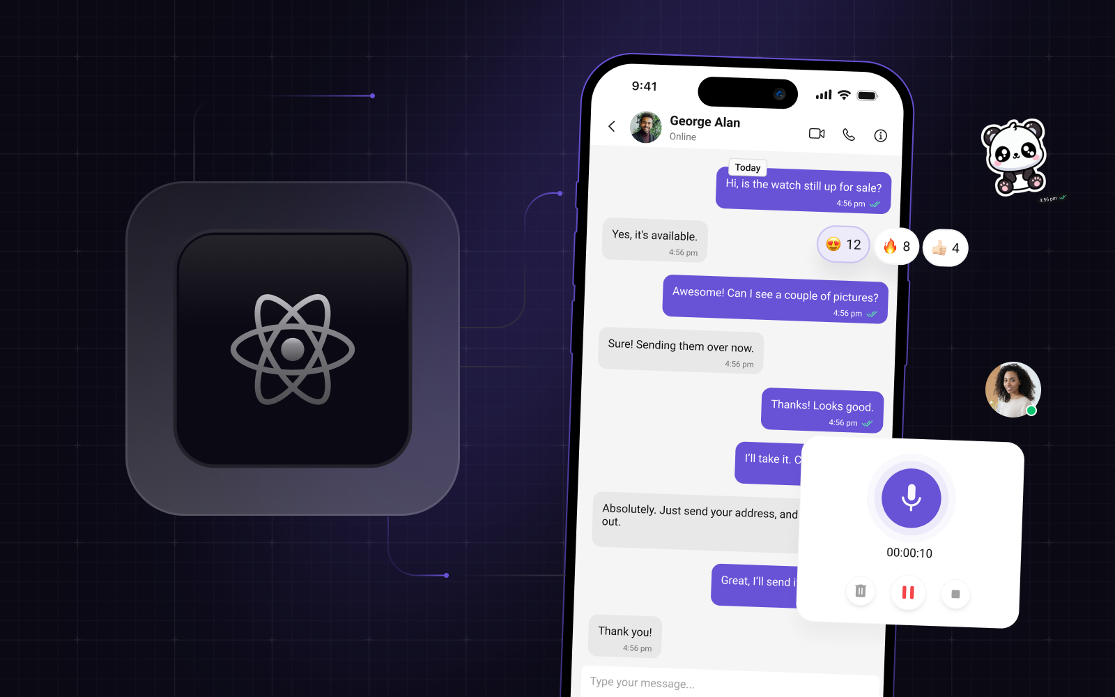 Illustration showing a chat interface integrated into a React app using CometChat, highlighting real-time messaging and customizable components