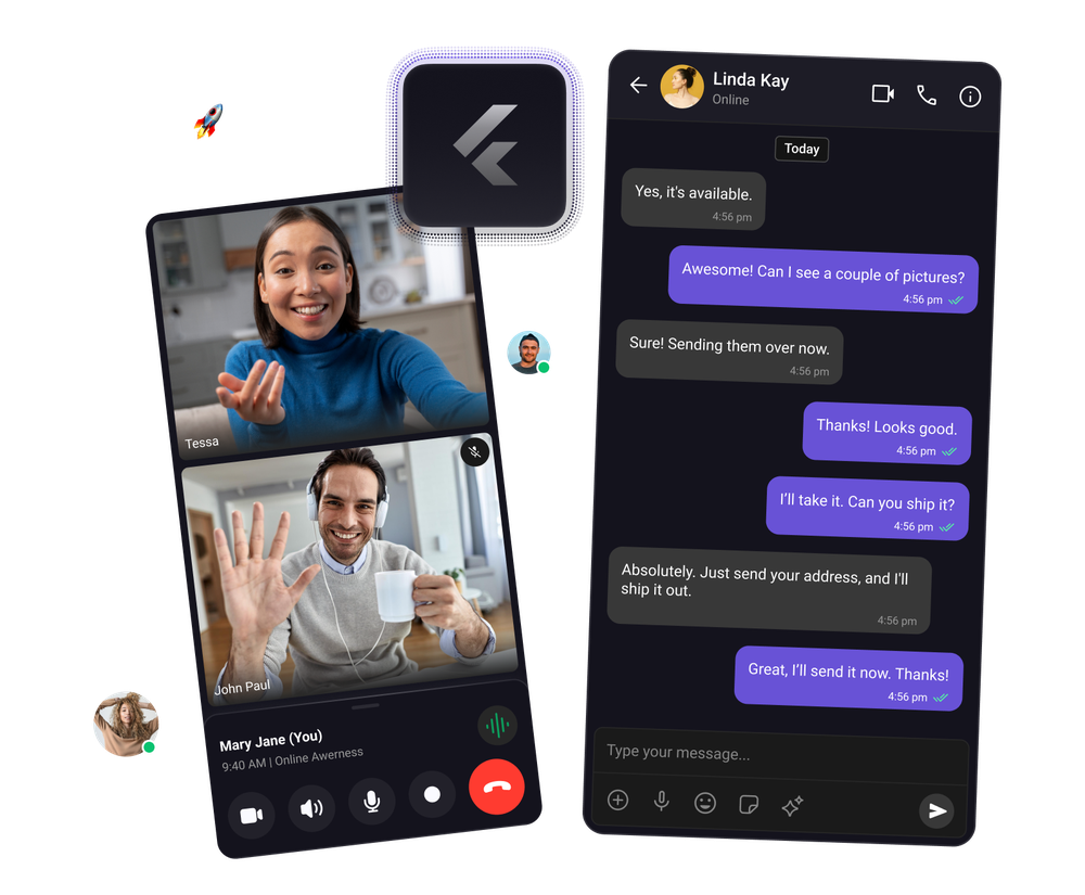 Flutter chat and calling interface with group participants, built using CometChat.