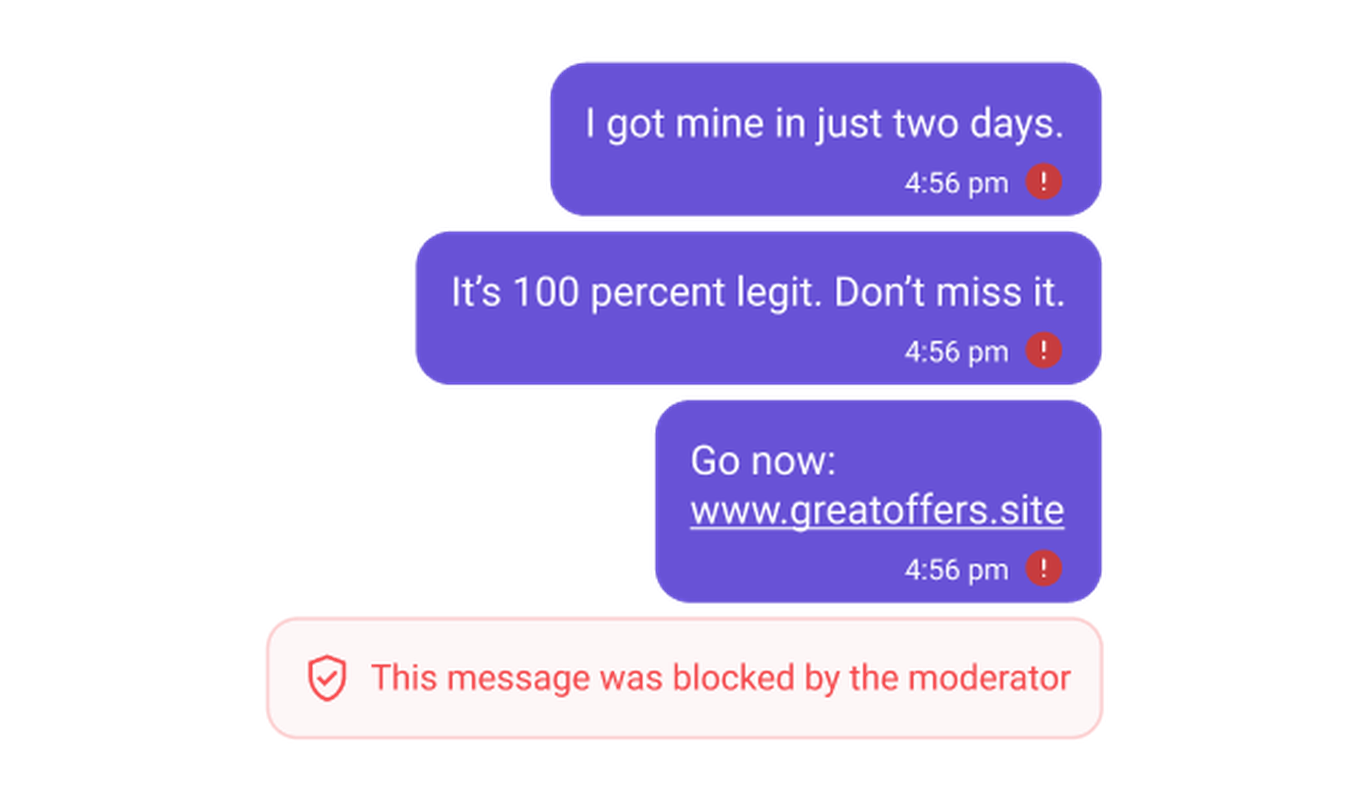 Chat messages promoting a suspicious website are blocked by a moderator for being potentially unsafe.