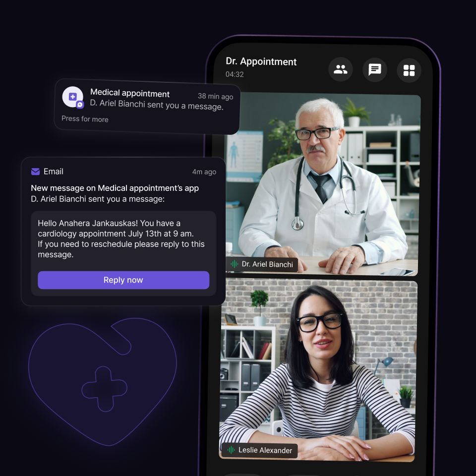 A video call on a smartphone screen shows a doctor and a patient. Notifications about a medical appointment and email are visible.
