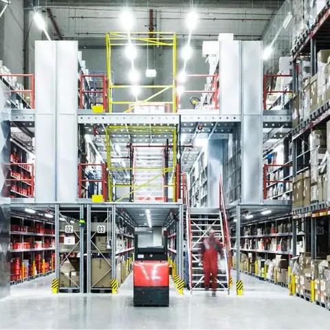 Ein modernes Lagerhaus mit hohen, mit Kisten gefüllten Regalen, einem Gabelstapler in der Mitte und heller Deckenbeleuchtung.