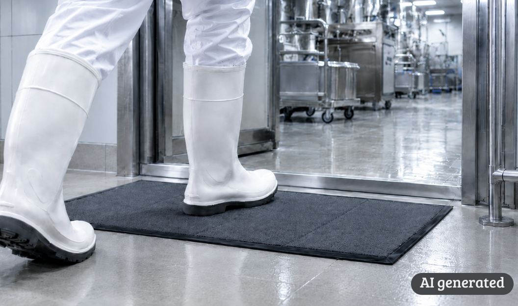 Person betritt beim Zugang in die Produktion eine Desinfektionsmatte