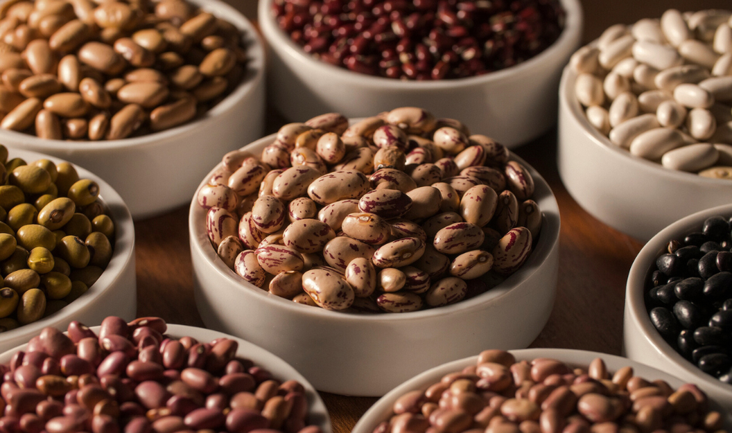 Nahaufnahme unterschiedlicher Bohnensorten in kleinen Schüsseln