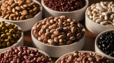 Nahaufnahme unterschiedlicher Bohnensorten in kleinen Schüsseln