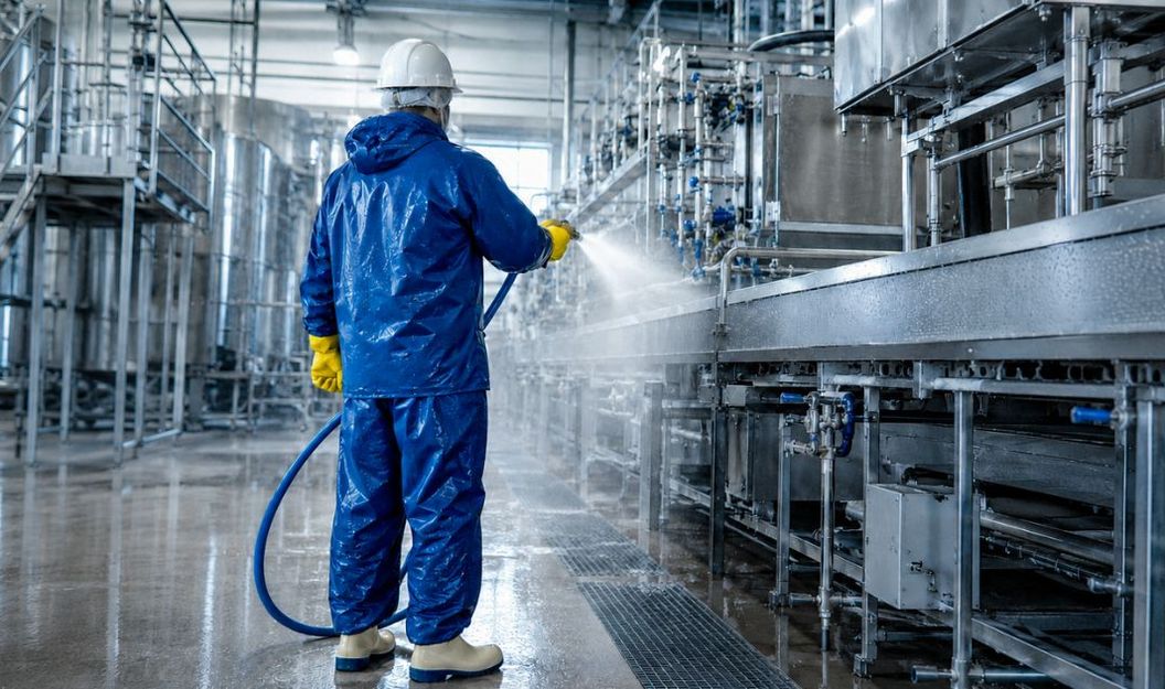 Nässeschutzbekleidung bei Reinigungsarbeiten bei der Lebensmittelproduktion