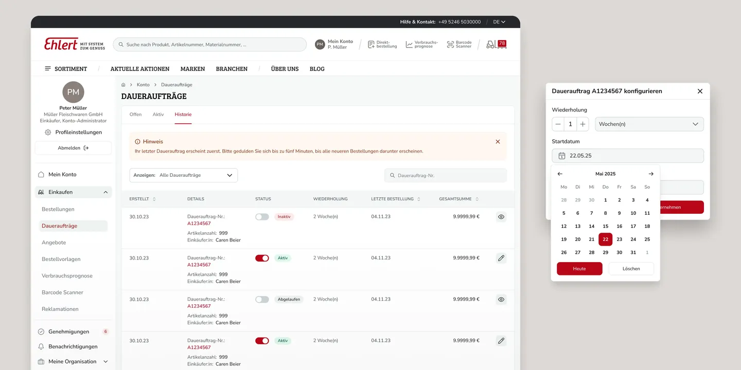 Screenshot der Übersicht der Daueraufträge im Kontobereich.